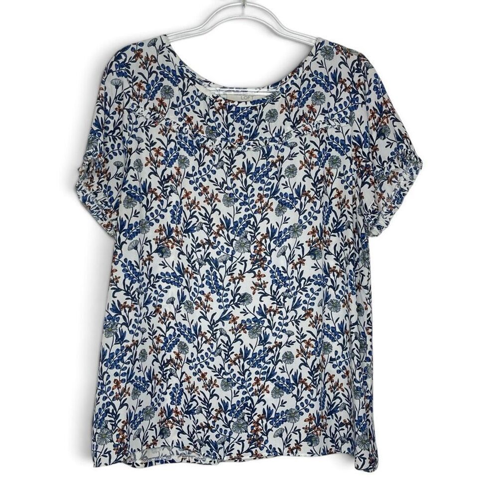 Ann Taylor Loft Floral Short Sleeve Blouse Top Shirt Rayon Blue White Women’s XL